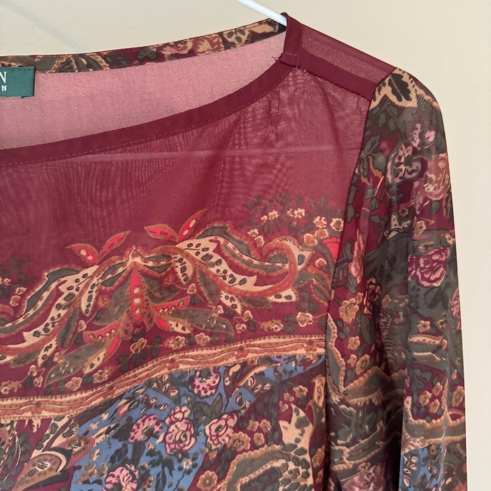 Ralph Lauren Paisley Sheer Boho Blouse XS | Vintage-Inspired Long Sleeve Top - Picture 3 of 6
